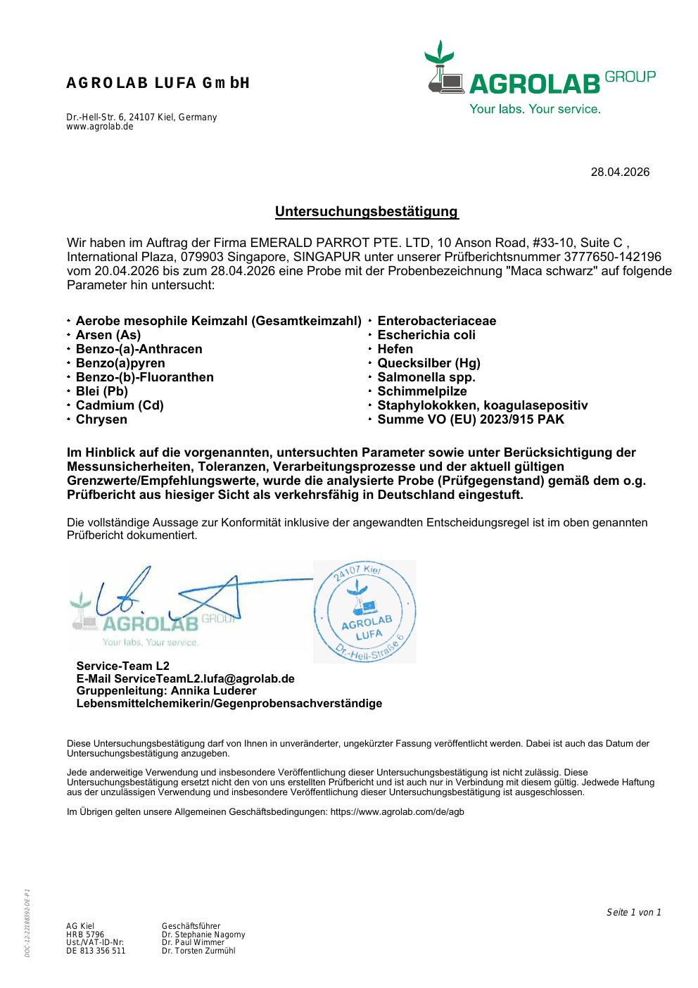 Untersuchungsbestätigung von AGROLAB LUFA, Kiel - Charge NK-2-1